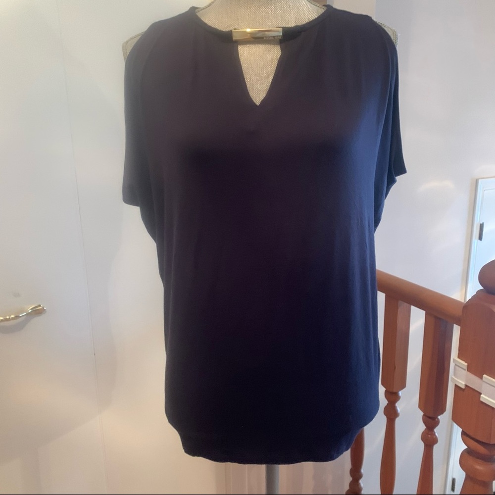 Michael Kors Navy Blue Short Sleeve Blouse with Gold Bar Keyhole